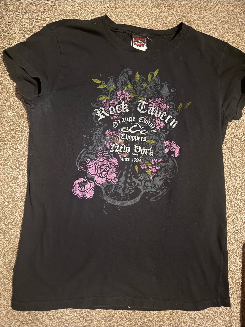 Orange County Choppers Rock Tavern New York Floral Graphic Tee - Black & Pink